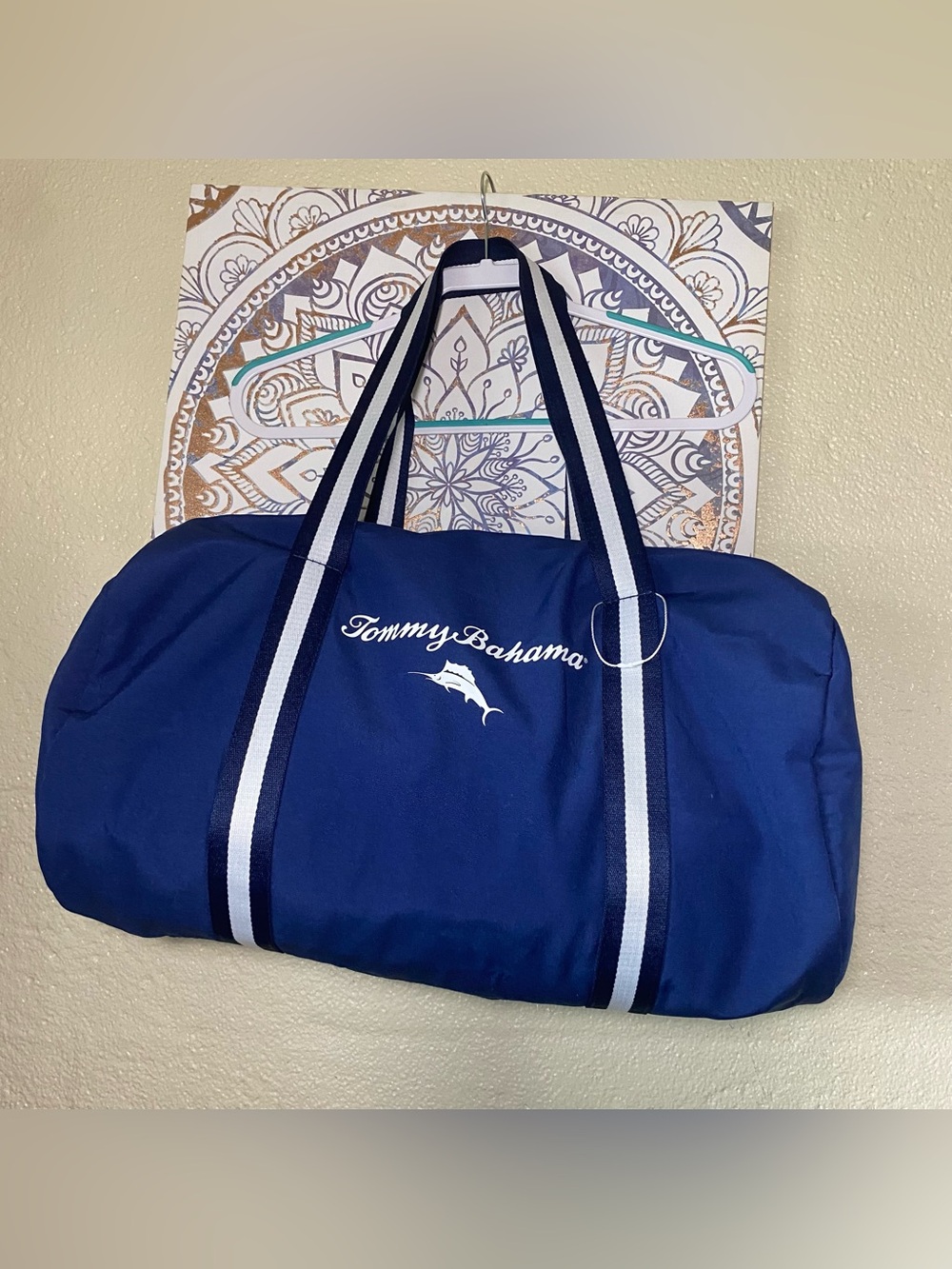 Tommy Bahama Navy and White Striped-Handle Duffel Bag 20x10